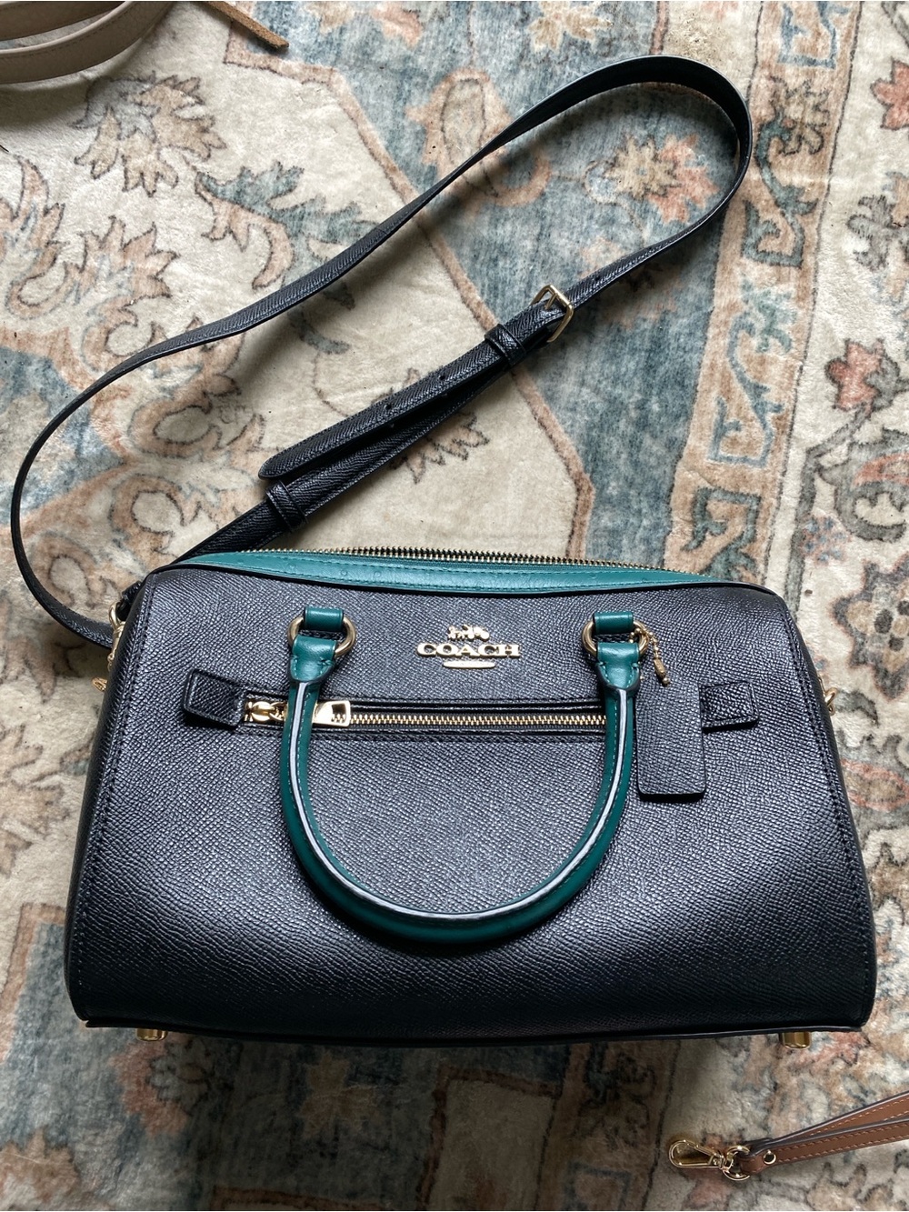 Coach Rowan Satchel in Black and Teal crossgrain leather